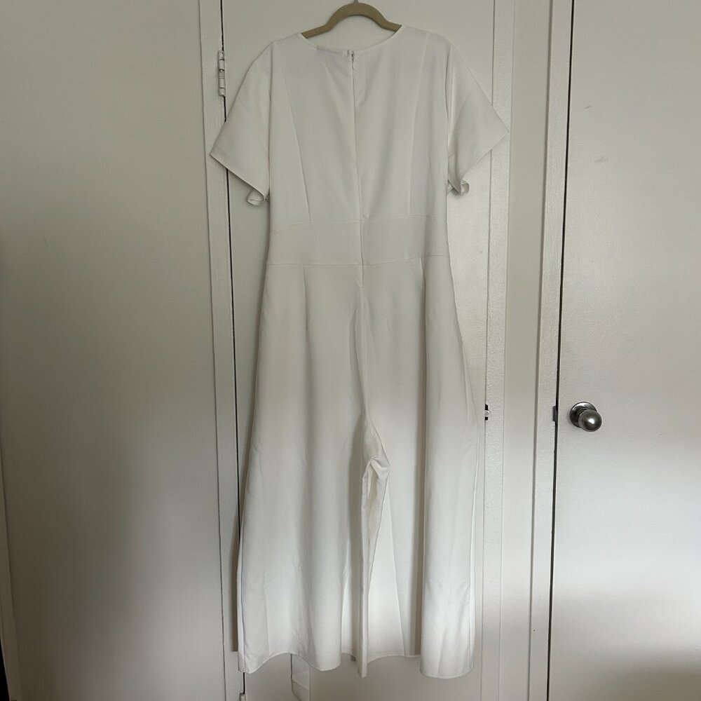 Women's White Short Sleeve Jumpsuit with Tie Waist - Picture 6 of 6